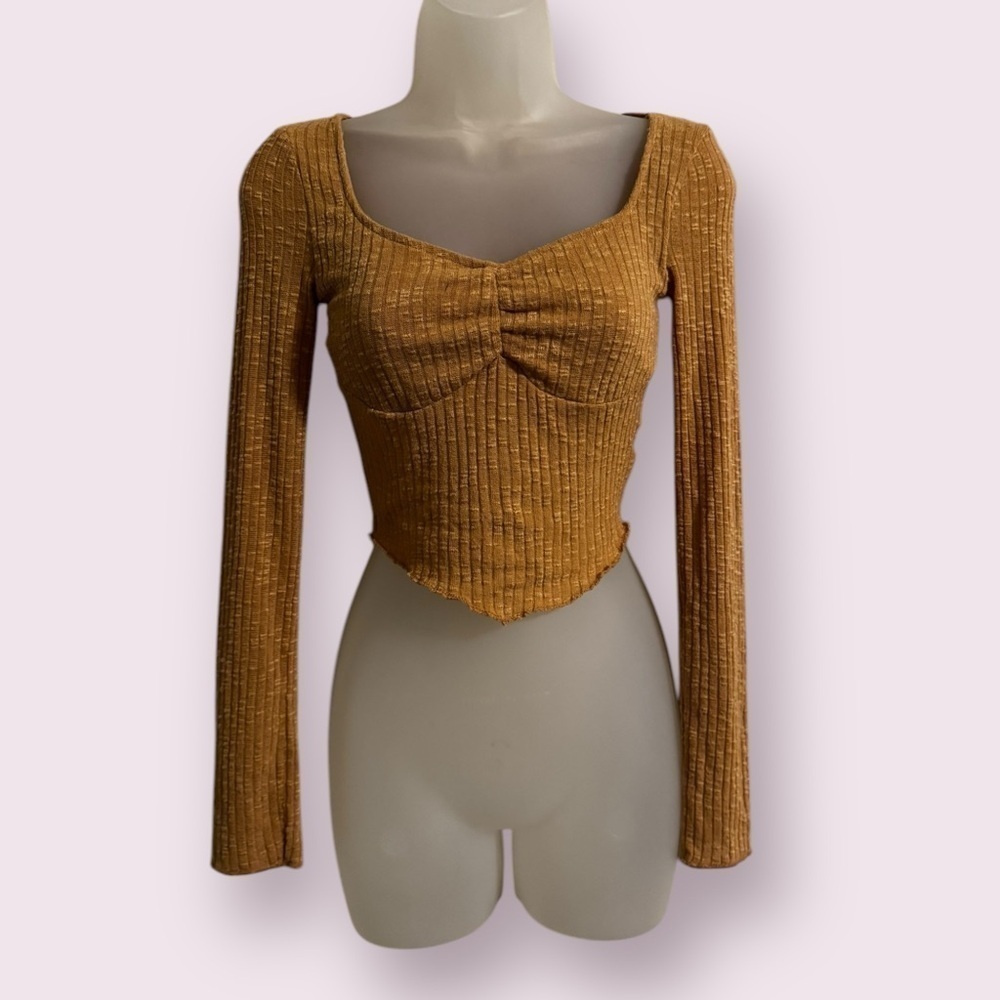Wild Fable Ribbed Corset Crop Top Long Sleeve Fitted Tan Size XXS